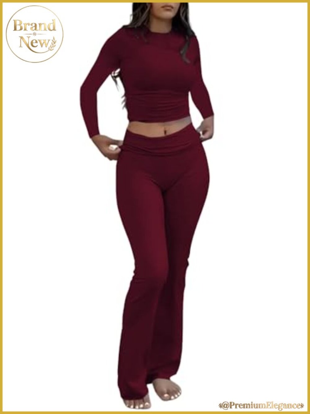 Womens 2 Piece Lounge Set Long Sleeve Top Foldover Flare Pants Slim Fit